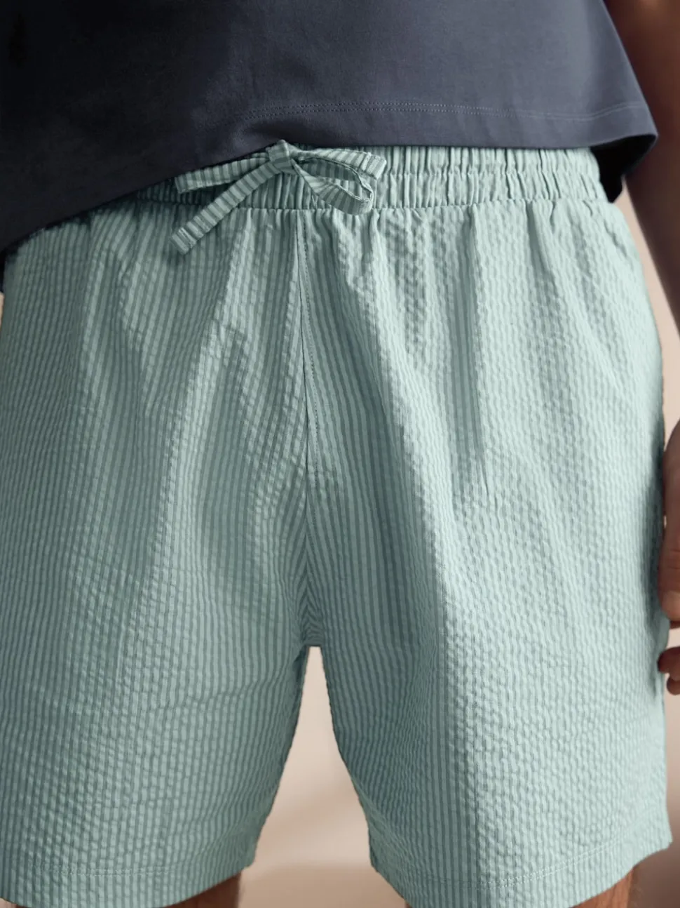 Slate Grey/Green T-Shirt And Striped Seersucker 100% Cotton Pyjamas Set