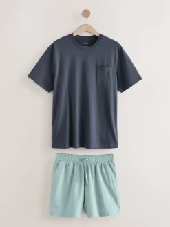 Slate Grey/Green T-Shirt And Striped Seersucker 100% Cotton Pyjamas Set