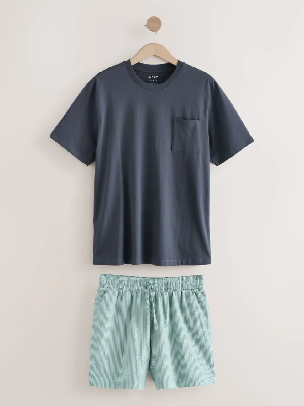 Slate Grey/Green T-Shirt And Striped Seersucker 100% Cotton Pyjamas Set