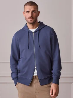 Steel Blue Hooded Zip Through Signature Sweatshirt with Modal