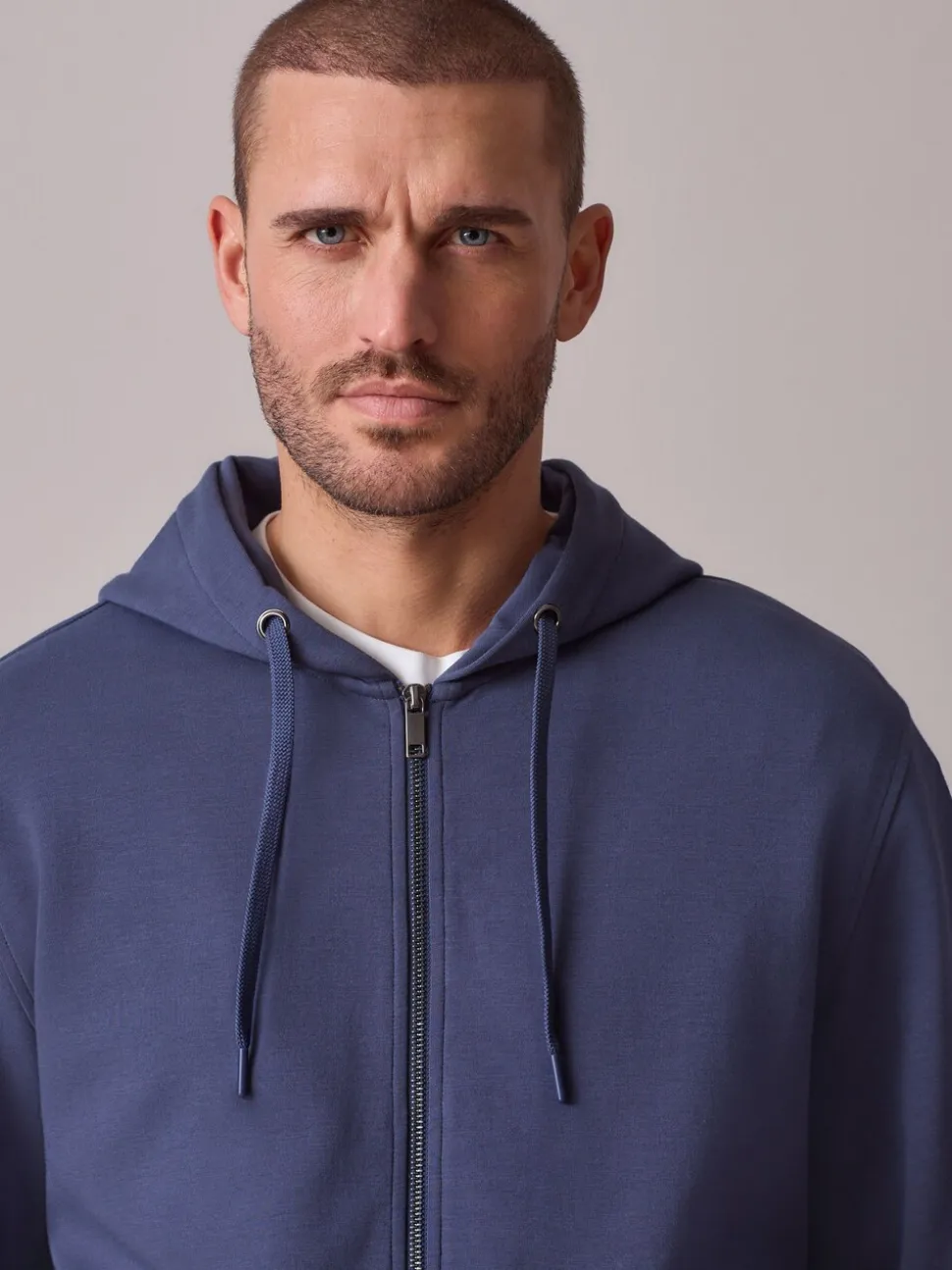 Steel Blue Hooded Zip Through Signature Sweatshirt with Modal
