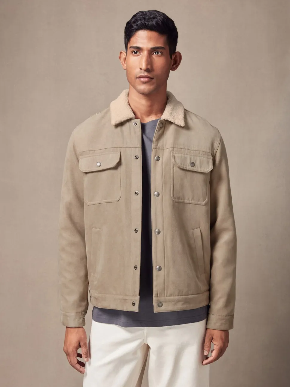 Stone Faux Suede Borg Lined Trucker Jacket