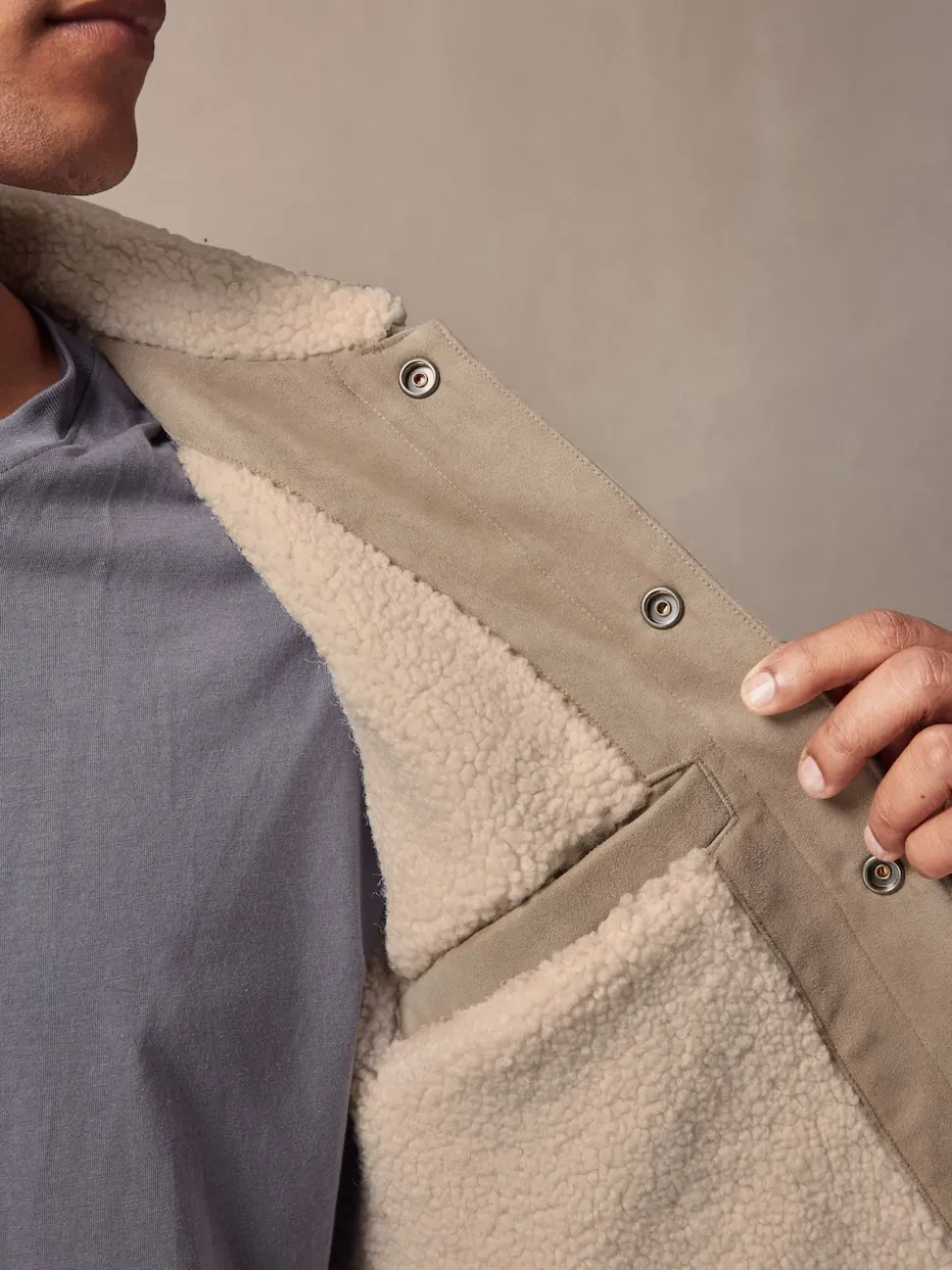 Stone Faux Suede Borg Lined Trucker Jacket