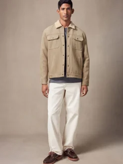 Stone Faux Suede Borg Lined Trucker Jacket