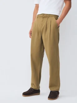 Stone Relaxed Tapered Fit Authentic Twin Pleated Textured Trousers