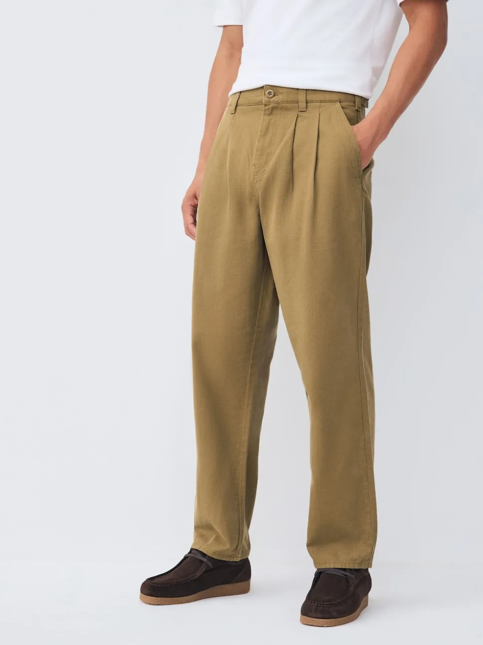 Stone Relaxed Tapered Fit Authentic Twin Pleated Textured Trousers