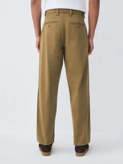 Stone Relaxed Tapered Fit Authentic Twin Pleated Textured Trousers
