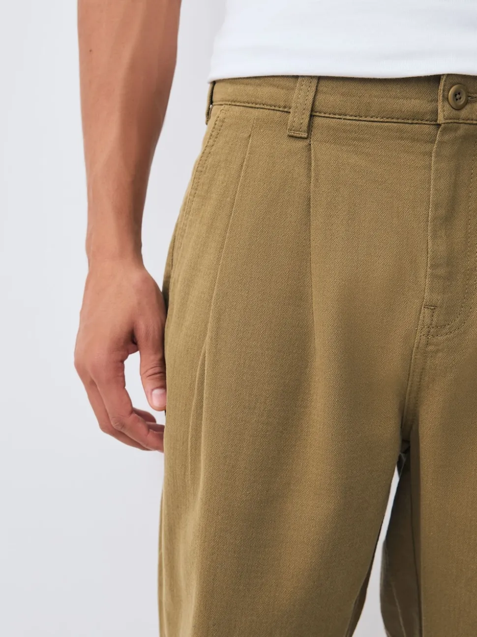 Stone Relaxed Tapered Fit Authentic Twin Pleated Textured Trousers