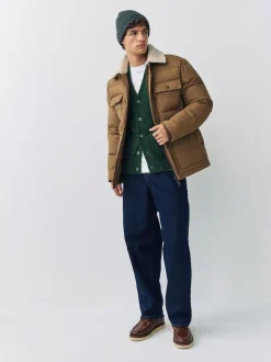 Tan Brown Canvas Worker Puffer Jacket With Borg Collar