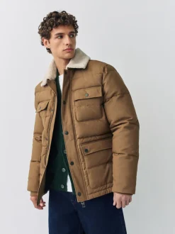 Tan Brown Canvas Worker Puffer Jacket With Borg Collar