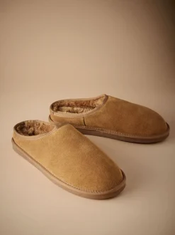 Tan Brown Faux Fur Lined Signature Suede Mule Slippers