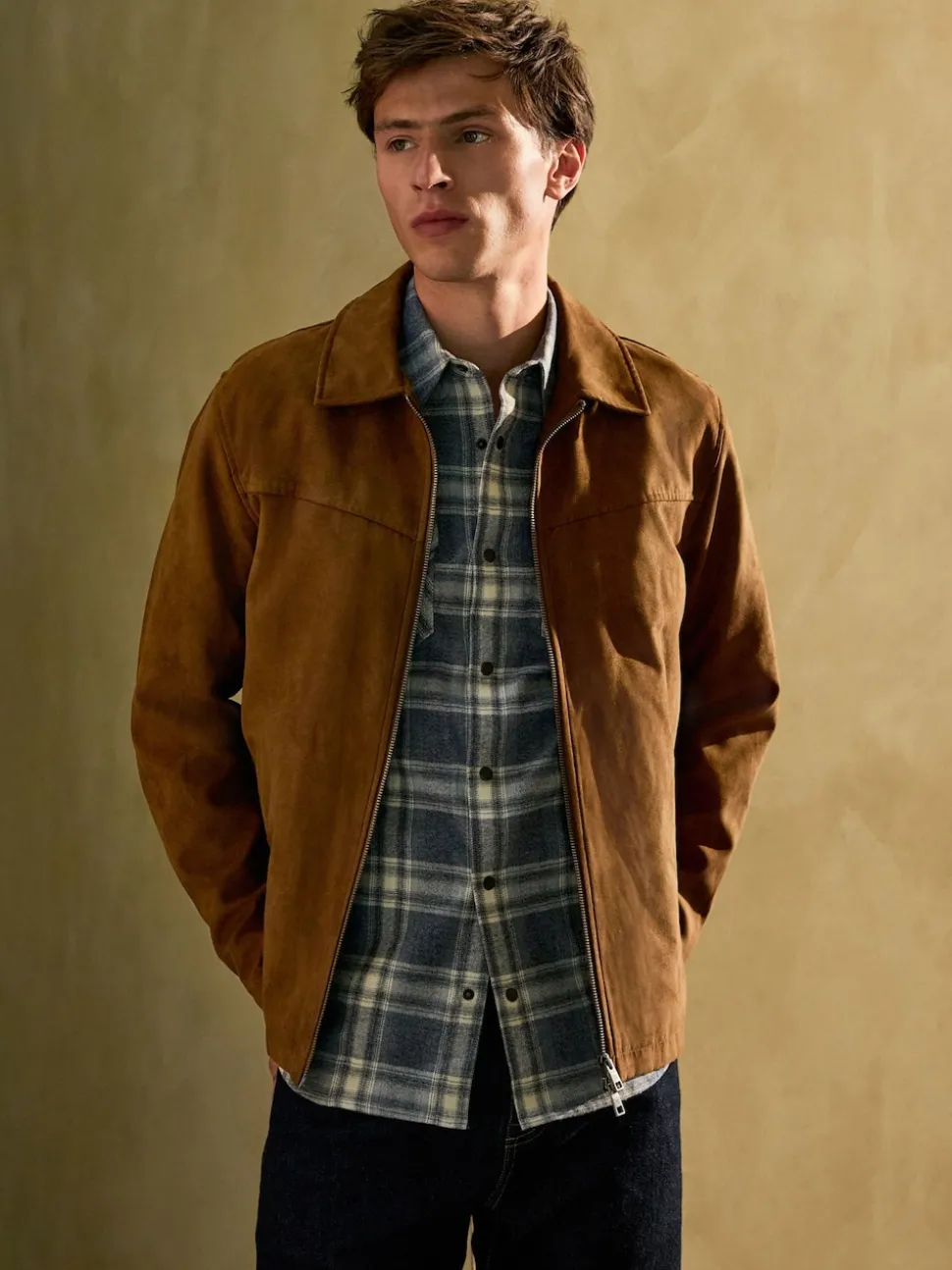 Tan Brown Faux Suede Harrington Jacket