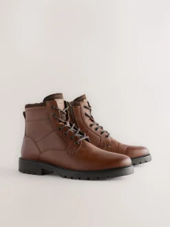 Tan Brown Leather Zip-Up Borg Lined Boots