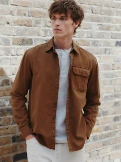 Tan Brown Long Sleeve Garment Dyed Oxford Shirt