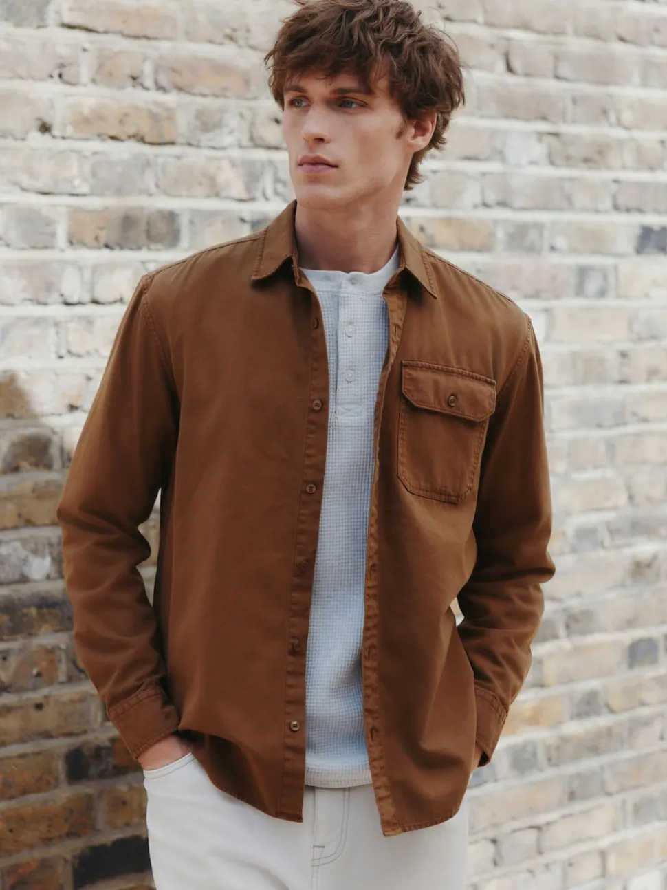 Tan Brown Long Sleeve Garment Dyed Oxford Shirt