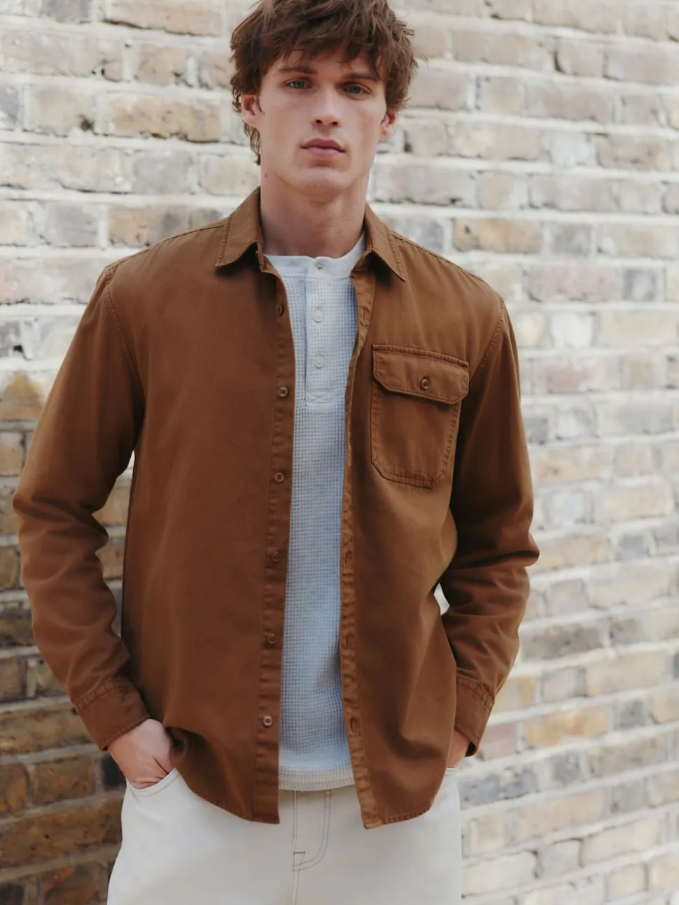 Tan Brown Long Sleeve Garment Dyed Oxford Shirt