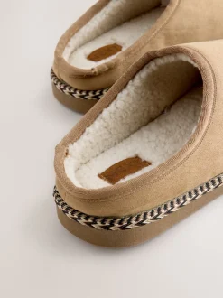 Tan Brown Microsuede Taped Mule Slippers