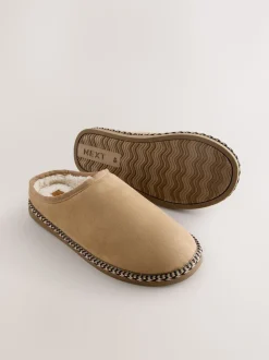 Tan Brown Microsuede Taped Mule Slippers