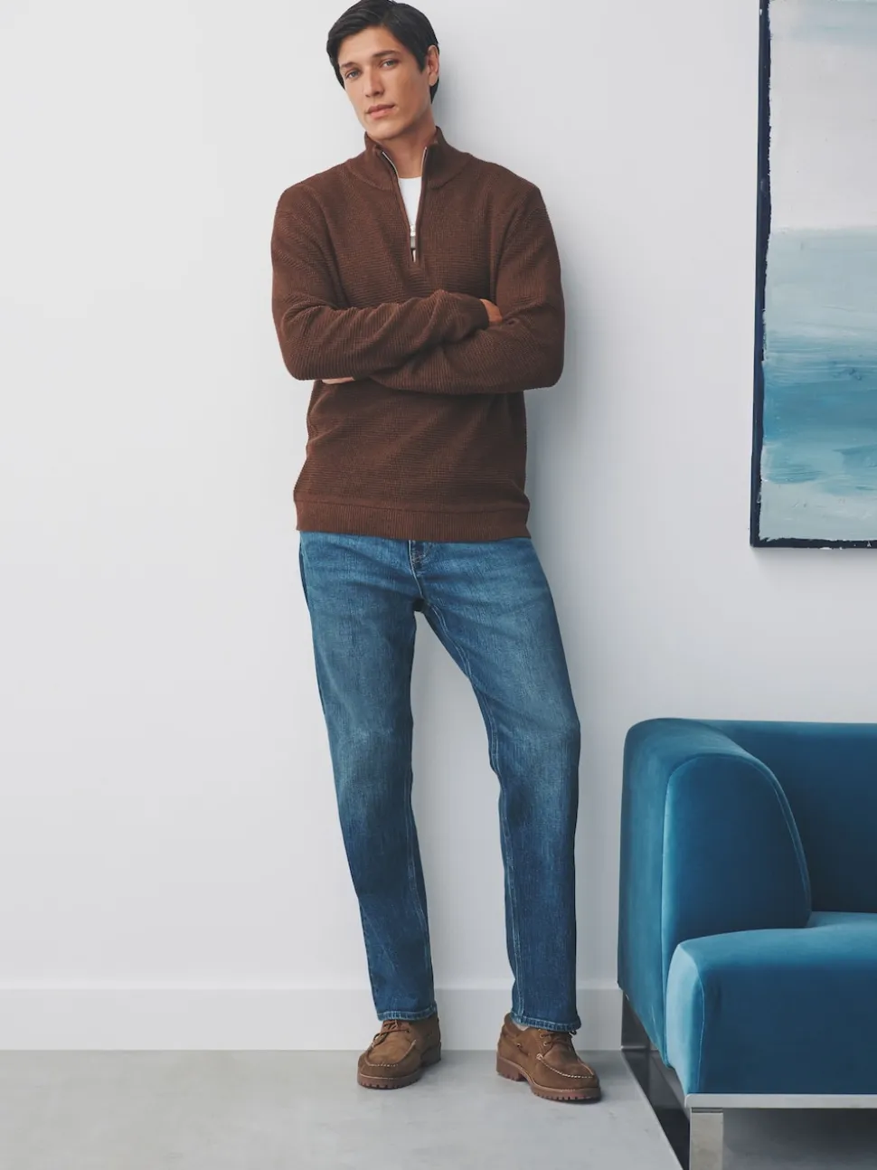 Tan Brown Plain N.Premium Regular Fit Cotton Rich Textured Premium Quarter Zip Jumper