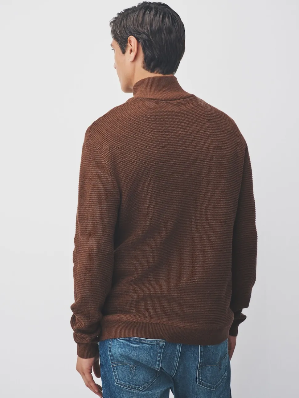 Tan Brown Plain N.Premium Regular Fit Cotton Rich Textured Premium Quarter Zip Jumper