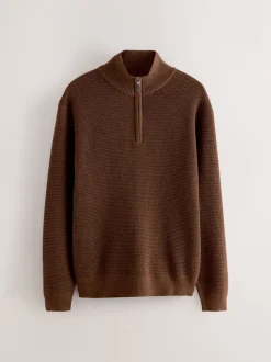 Tan Brown Plain N.Premium Regular Fit Cotton Rich Textured Premium Quarter Zip Jumper
