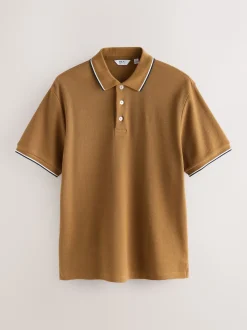 Tan Brown Regular Fit Short Sleeve Tipped Polo Shirt