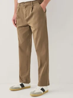 Tan Brown Regular Tapered Fit Single Pleated Stretch Chinos Trousers