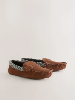 Tan Brown Signature Suede Fabric Trim Moccasin Slippers