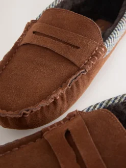 Tan Brown Signature Suede Fabric Trim Moccasin Slippers
