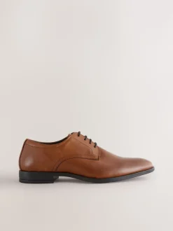Tan Brown Standard Fit Leather Plain Derby Shoes