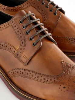 Tan Brown Standard Fit Leather Contrast Sole Chunky Brogues Shoes