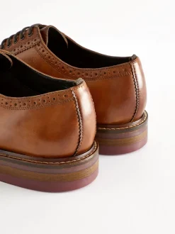 Tan Brown Standard Fit Leather Contrast Sole Chunky Brogues Shoes