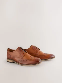Tan Brown Wide Fit Leather Contrast Sole Brogue Shoes