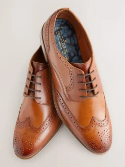 Tan Brown Wide Fit Leather Contrast Sole Brogue Shoes
