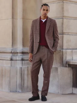 Tan/Red Slim Fit Wool Blend Check Suit Jacket