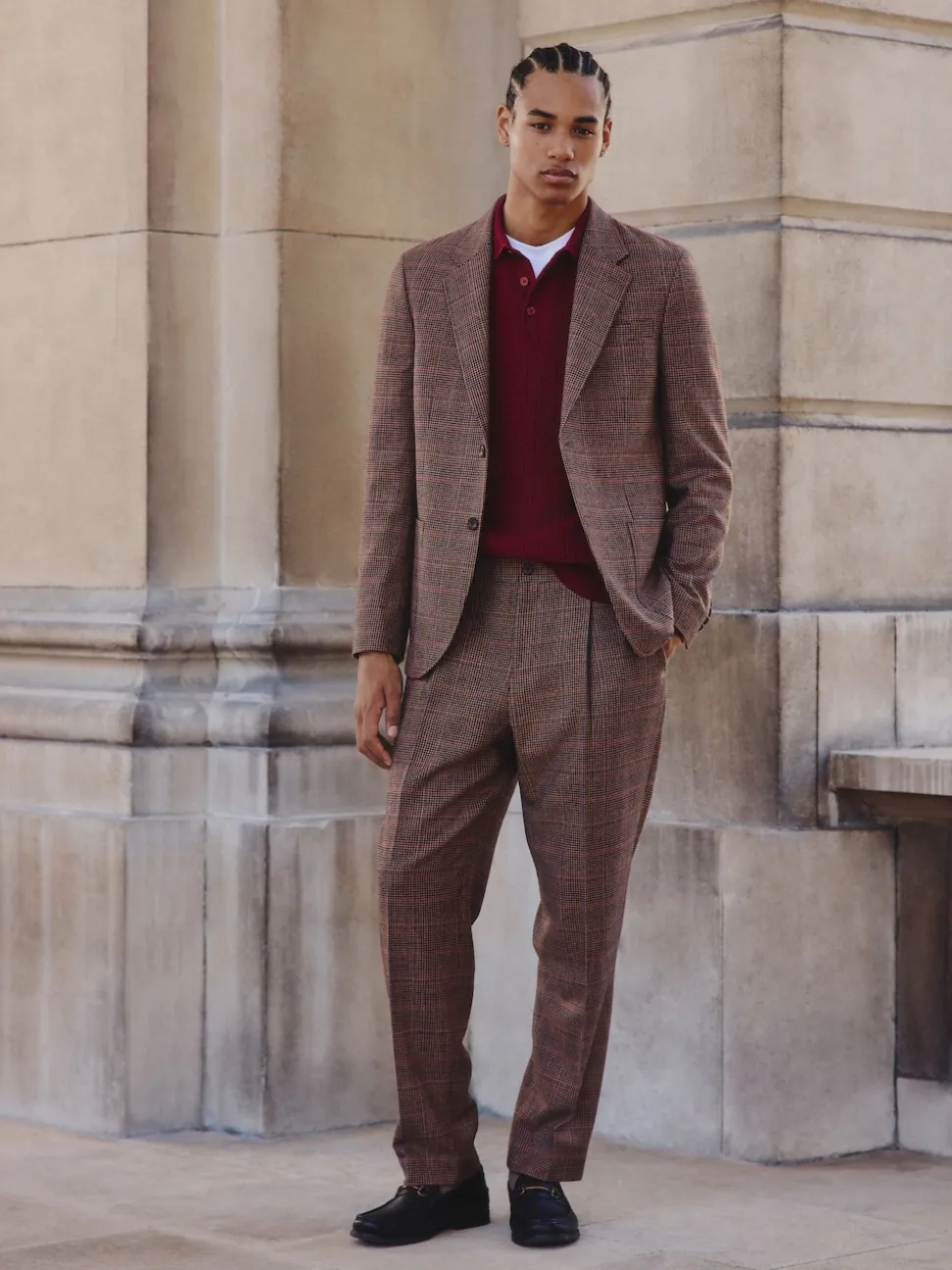 Tan/Red Slim Fit Wool Blend Check Suit Jacket