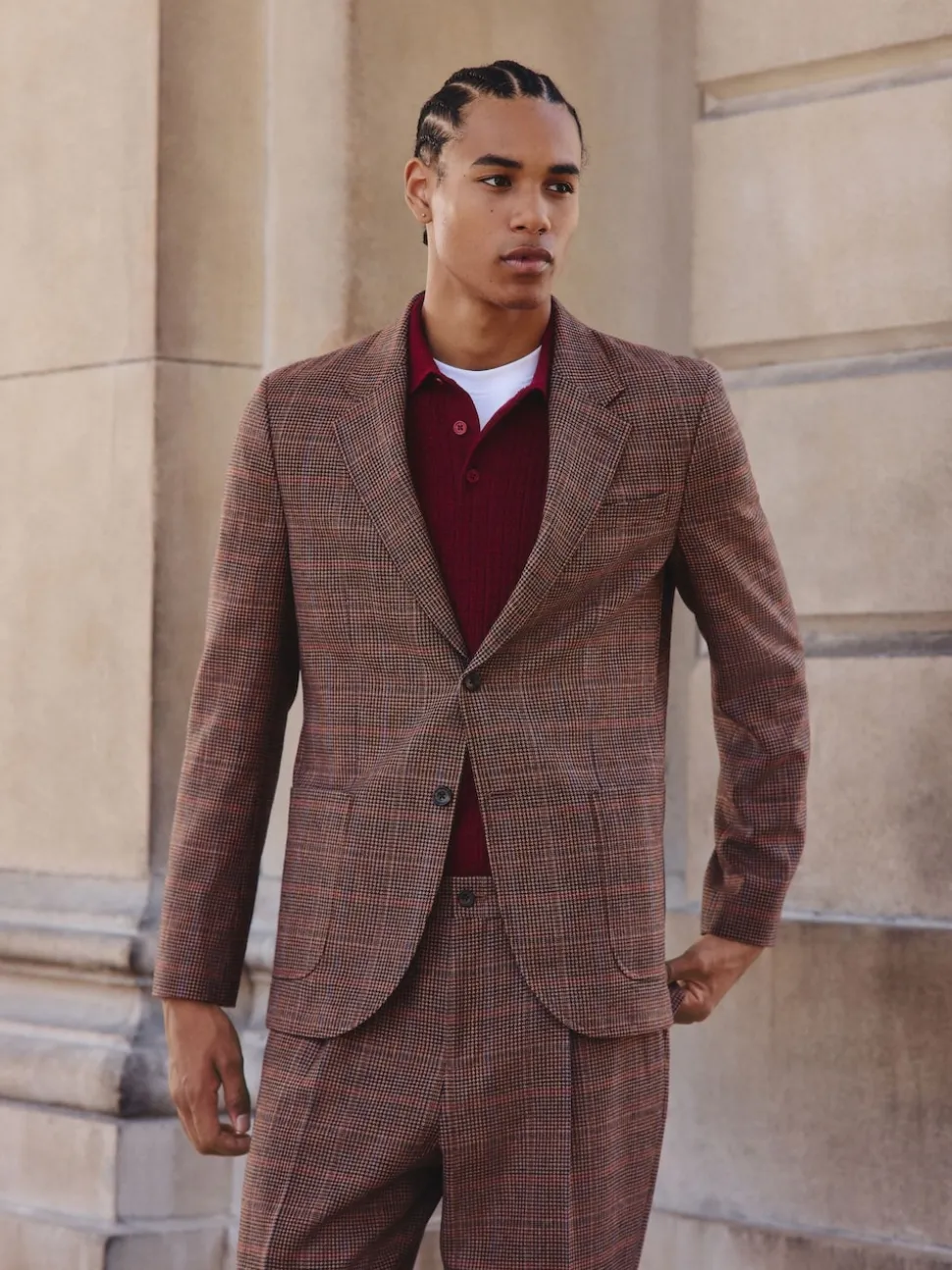Tan/Red Slim Fit Wool Blend Check Suit Jacket