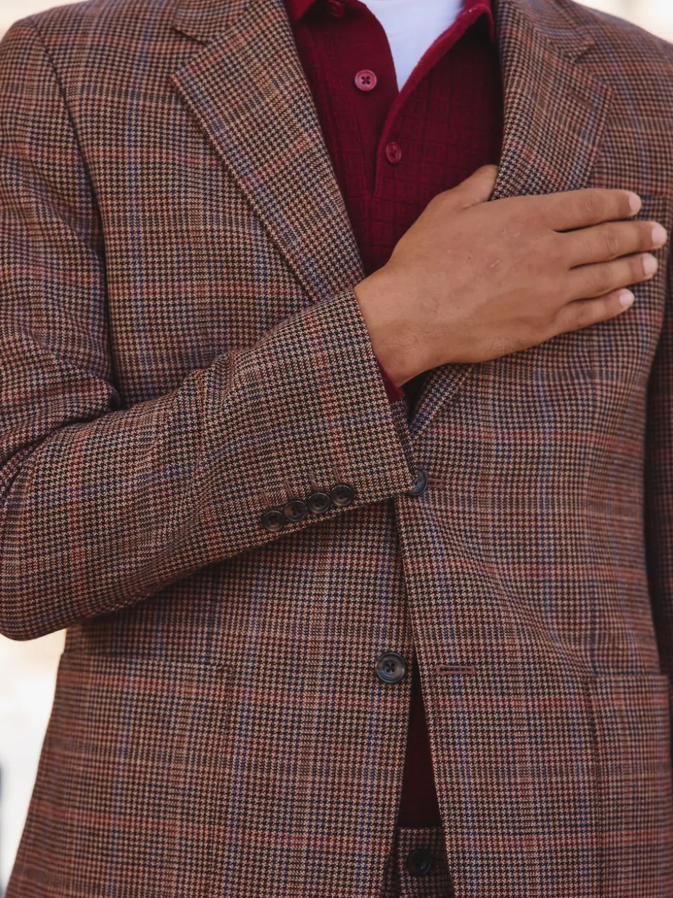 Tan/Red Slim Fit Wool Blend Check Suit Jacket