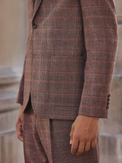 Tan/Red Slim Fit Wool Blend Check Suit Jacket