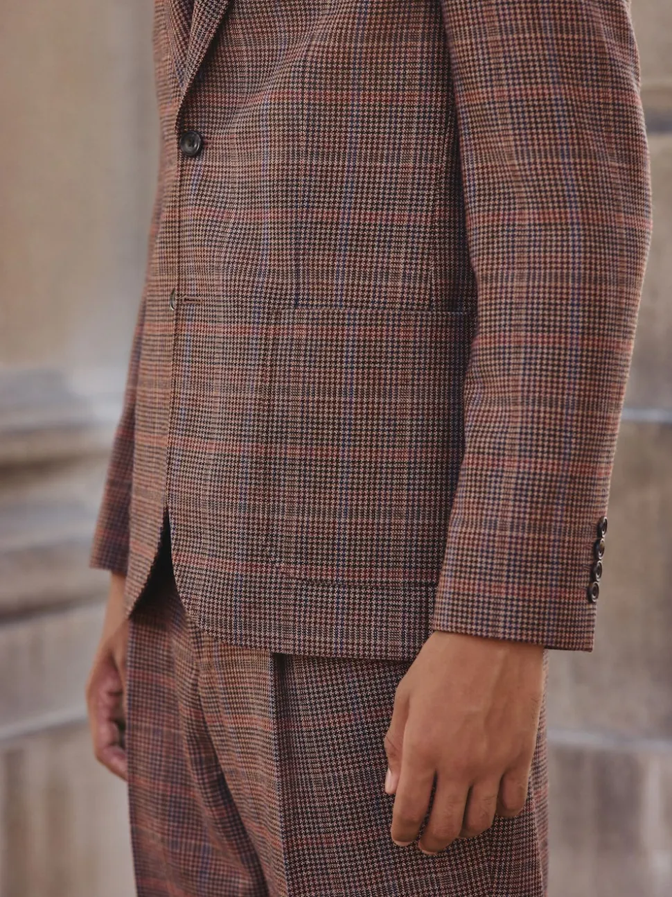 Tan/Red Slim Fit Wool Blend Check Suit Jacket