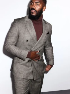 Taupe Brown Double Breasted Signature Marzotto 100% Italian Wool Herringbone Suit Jacket