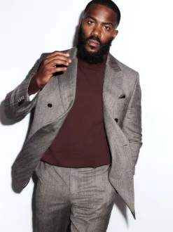 Taupe Brown Double Breasted Signature Marzotto 100% Italian Wool Herringbone Suit Jacket