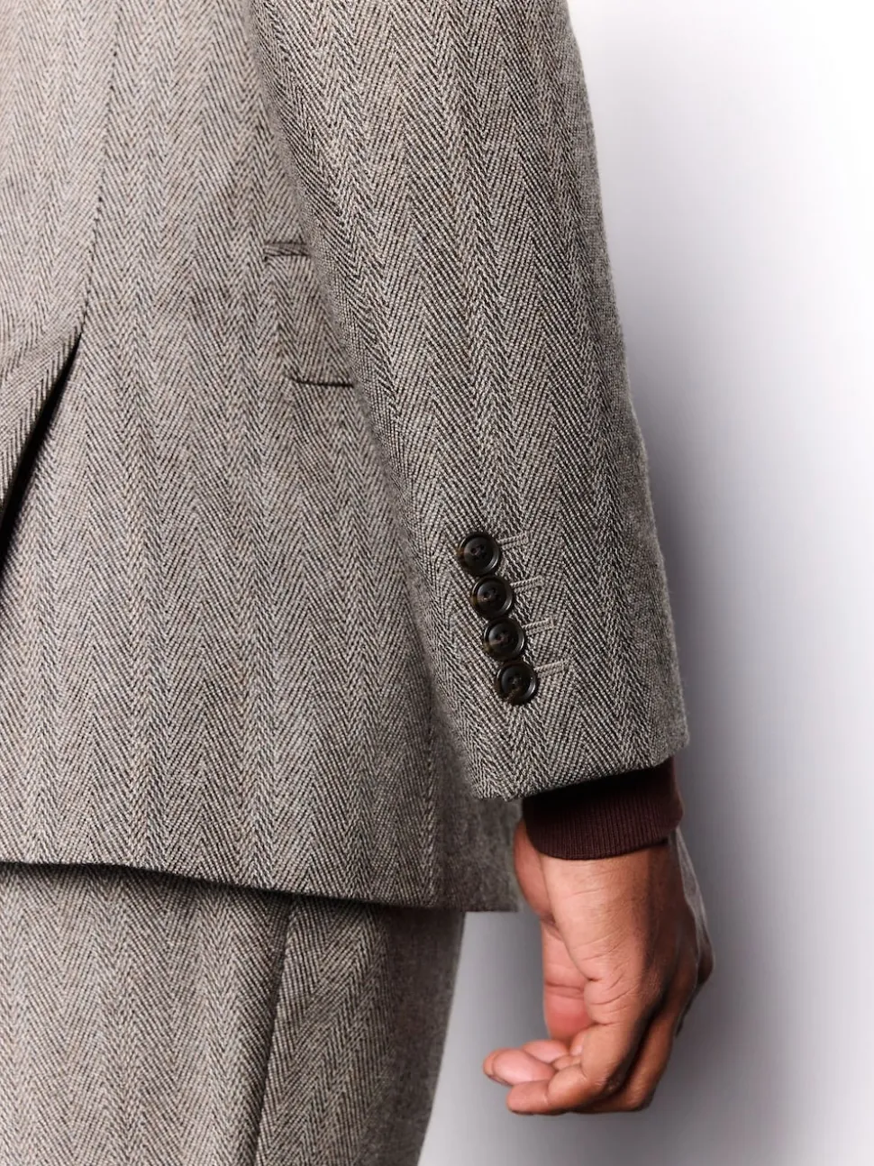 Taupe Brown Double Breasted Signature Marzotto 100% Italian Wool Herringbone Suit Jacket