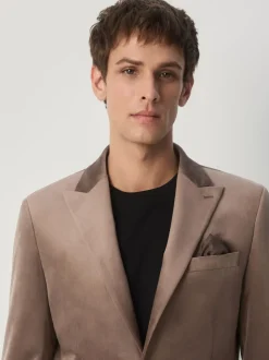 Taupe Slim Fit Self Lapel Velvet Blazer