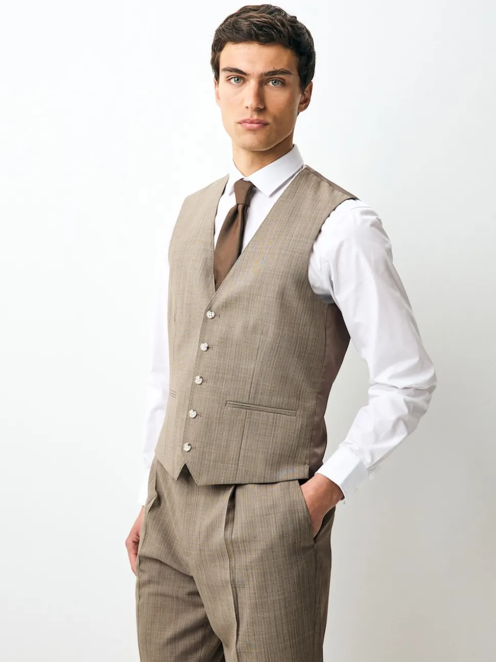 Taupe Striped Herringbone Suit Waistcoat