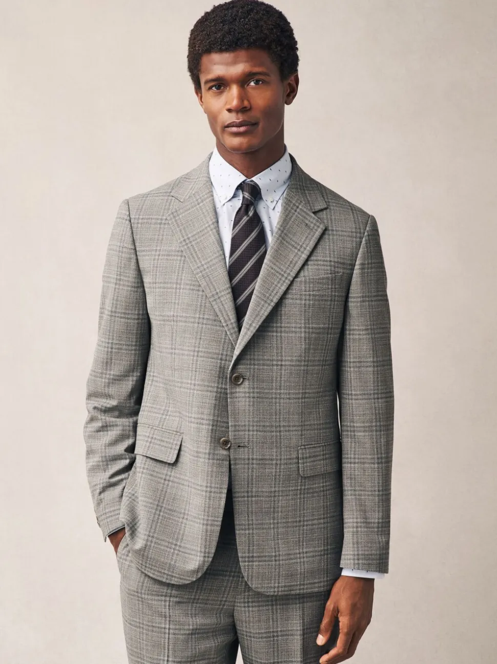 Taupe Tailored Fit Check Texture Suit Jacket