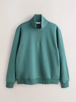 Teal Blue Quarter Zip Cotton Rich Jersey Sweatshirt