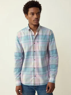 Teal Blue/Pink Madras Check Regular Fit Easy Iron Button Down Oxford Shirt
