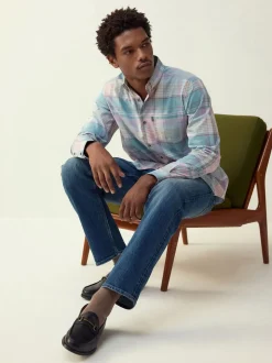Teal Blue/Pink Madras Check Regular Fit Easy Iron Button Down Oxford Shirt