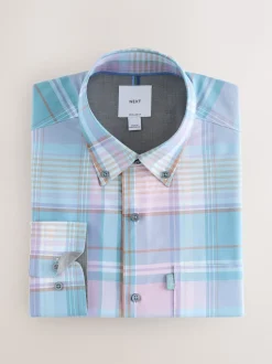 Teal Blue/Pink Madras Check Regular Fit Easy Iron Button Down Oxford Shirt
